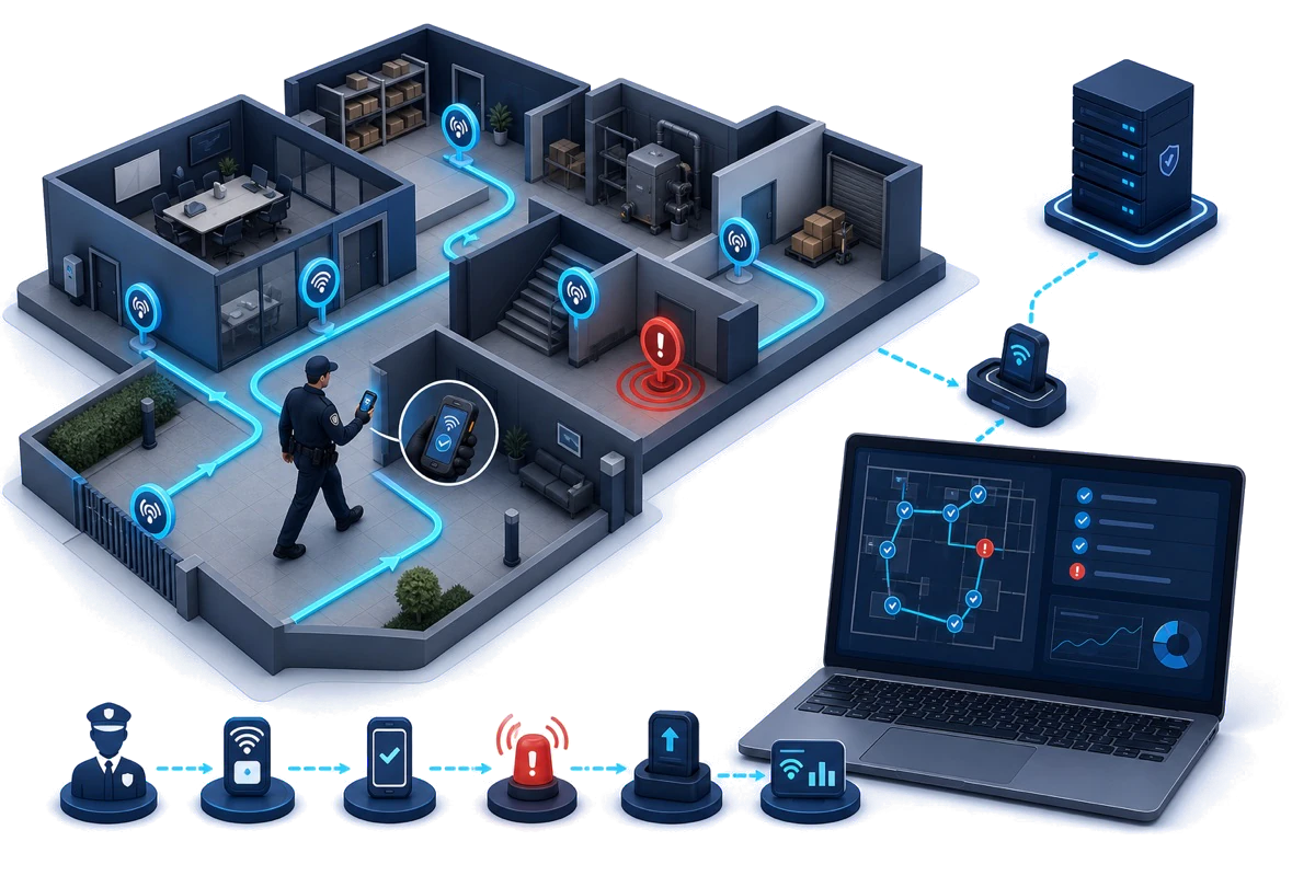 Conceptual illustration of an HJ guard-tour solution linking a patrol officer, named checkpoints, routes, missed-point alerts, synchronisation and supervisor reporting.