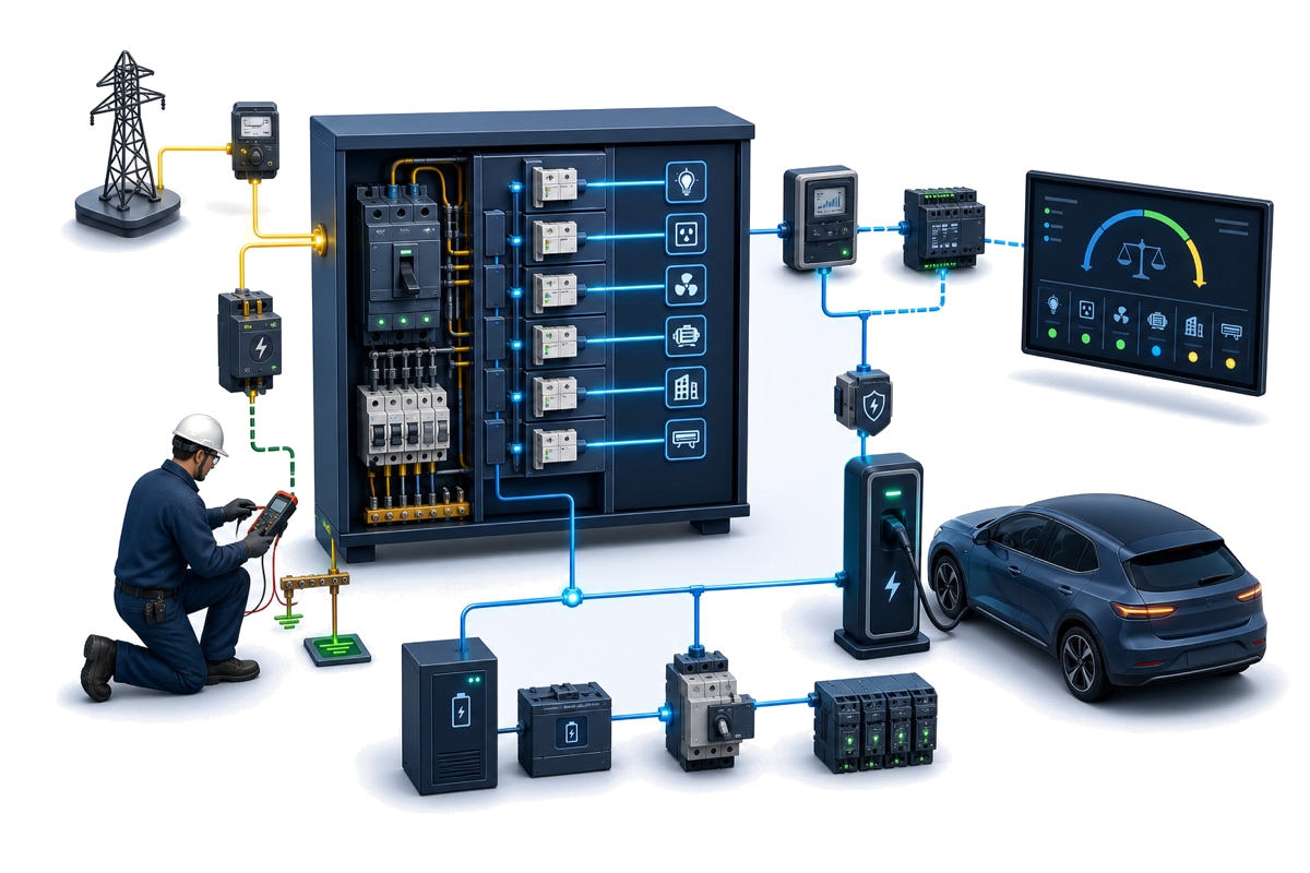 Conceptual illustration of an HJ electrical power and energy solution linking utility supply, distribution and protection, metering, load management, backup power and EV charging.