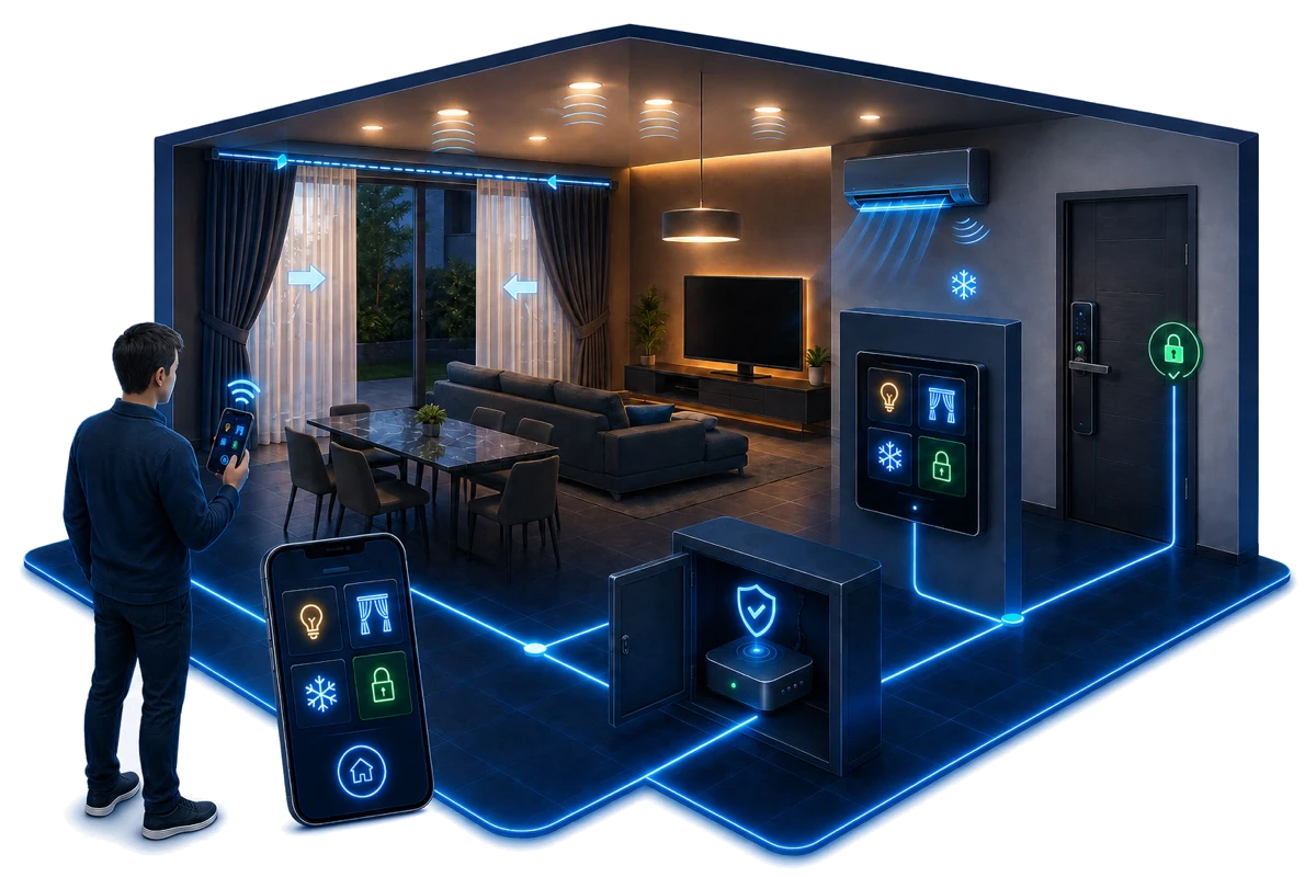 Conceptual illustration of an HJ SmartHome solution linking mobile control with lighting, curtains, air conditioning and smart entry.