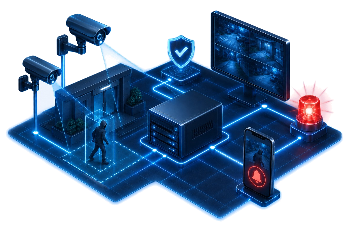 Conceptual illustration of an HJ video security solution linking CCTV cameras, recording, monitoring, mobile alerts and an active-deterrence warning.