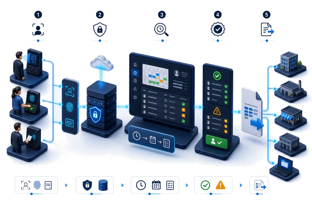 Conceptual illustration of an HJ workforce-management workflow from employee enrolment and protected attendance records through time rules, exception approval and payroll-ready export.