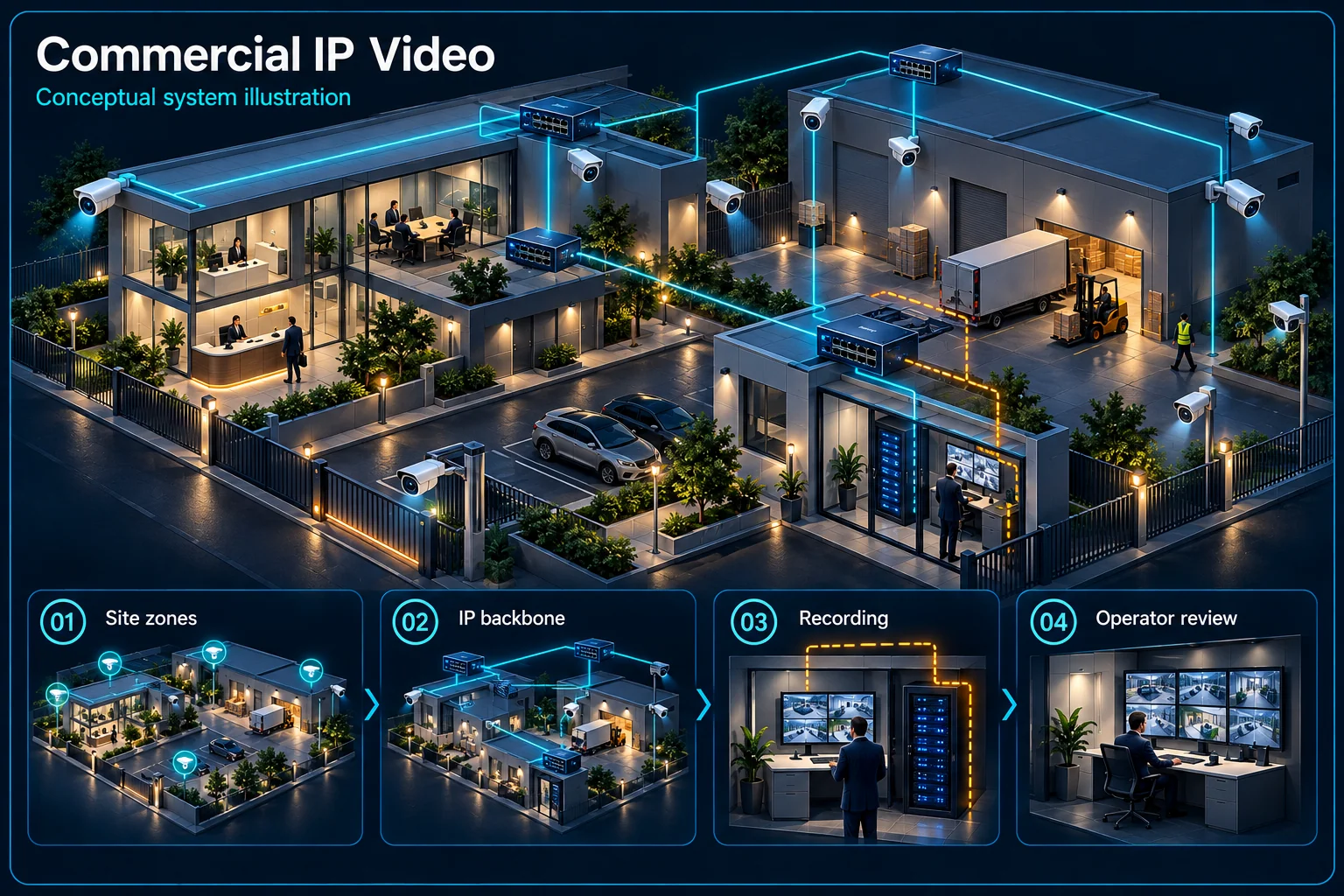 Commercial IP Video Security Architecture in Kuching – system diagram