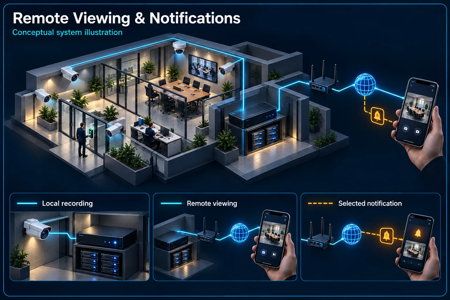 CCTV Remote Viewing, Phone Alerts & Local Recording – system diagram