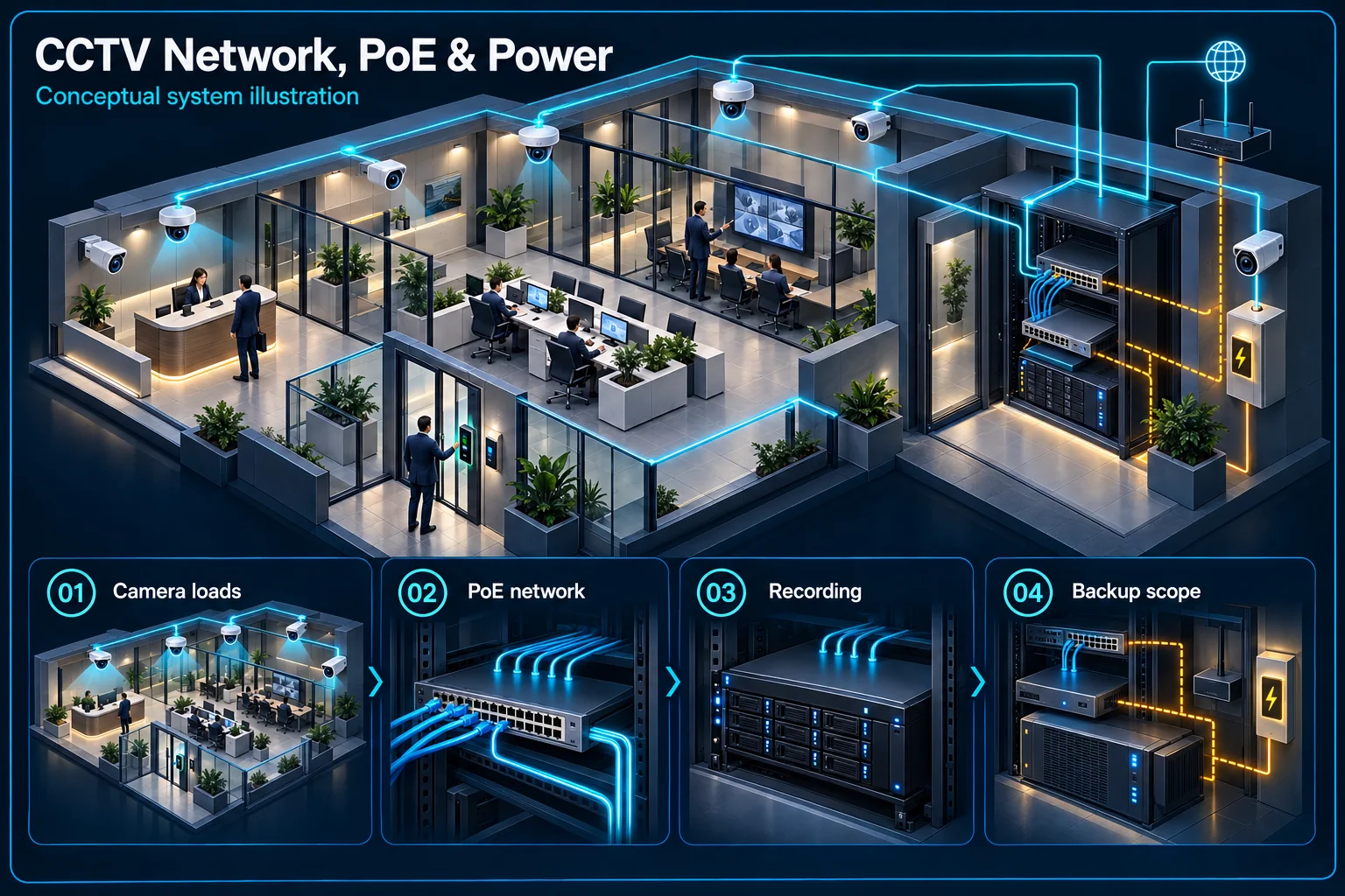 CCTV Network, PoE & Backup-Power Planning – system diagram