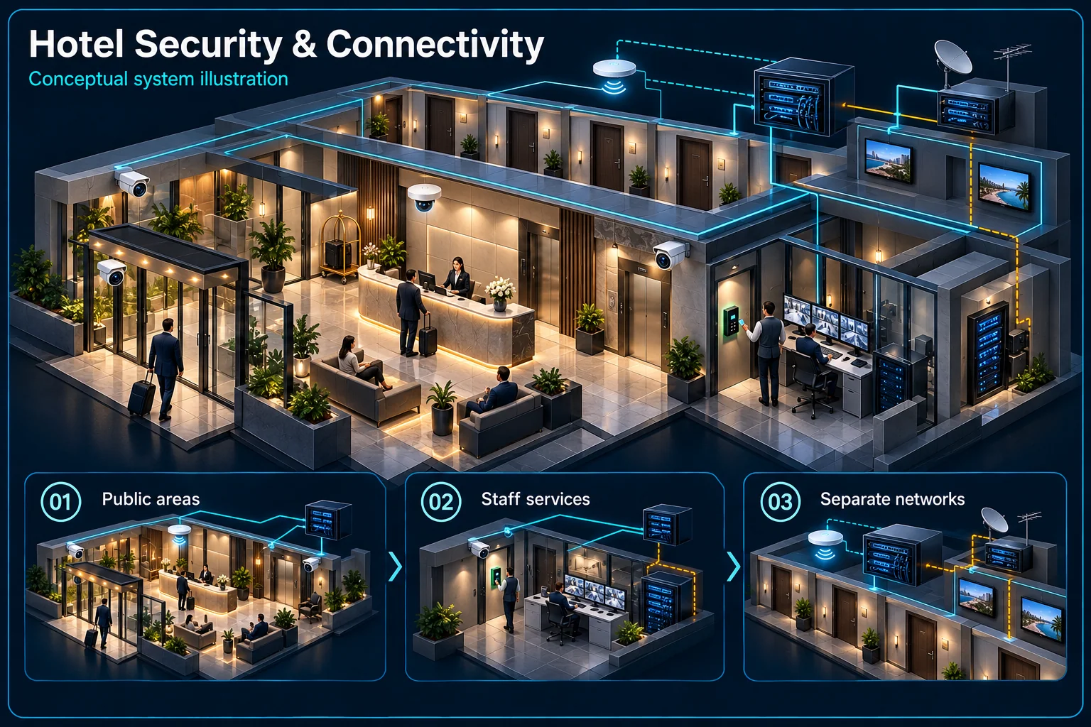 Hotel CCTV, Access, WiFi & TV Systems in Kuching – system diagram