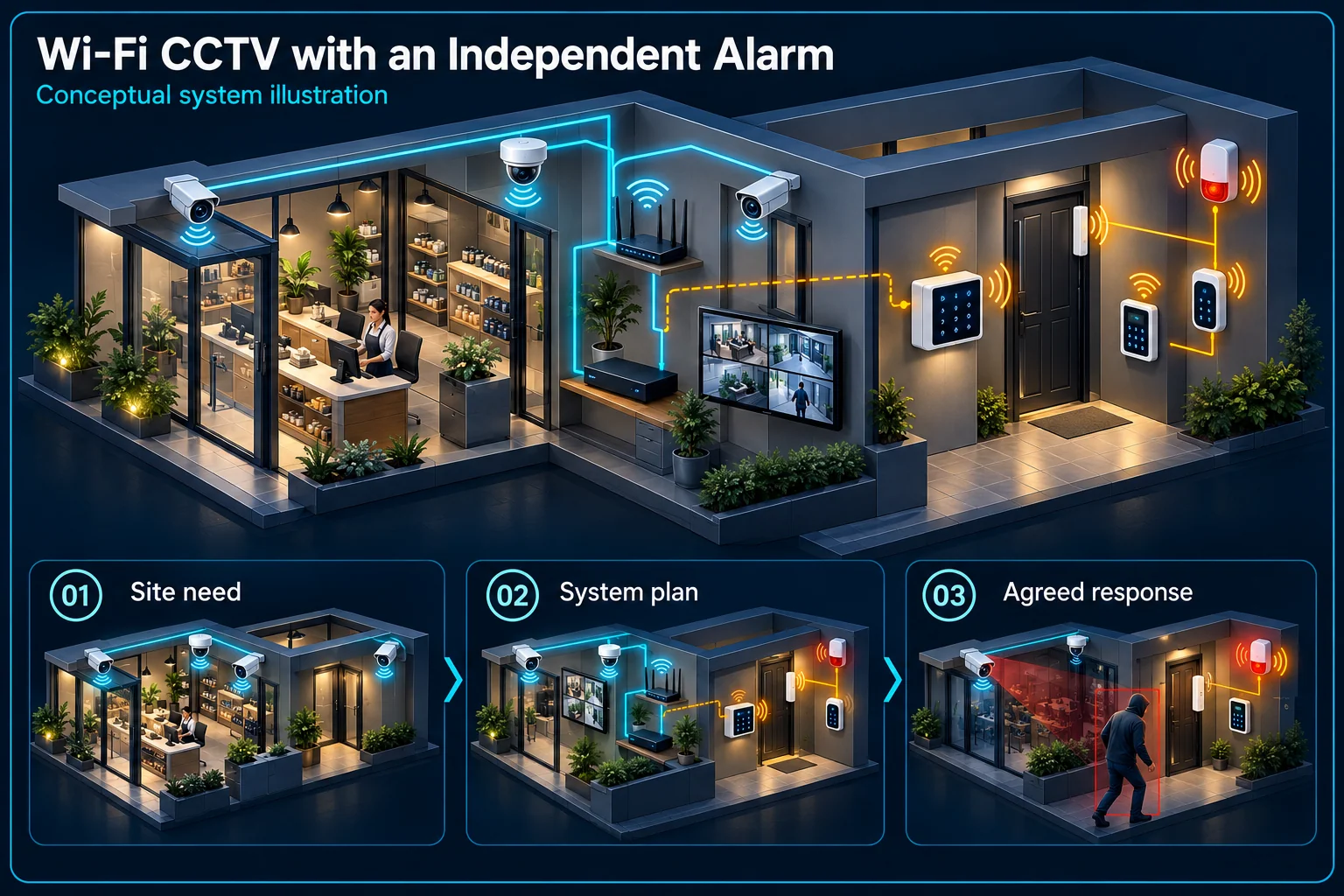 Wi-Fi CCTV and Alarm Integration Planning in Kuching – system diagram