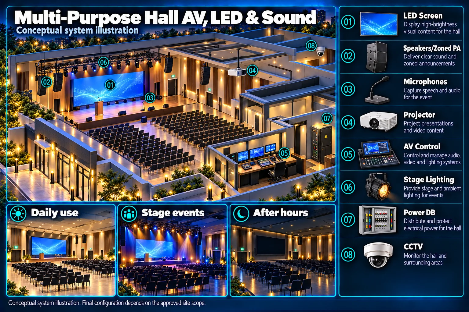 Multi-purpose hall AV, LED & sound – system diagram