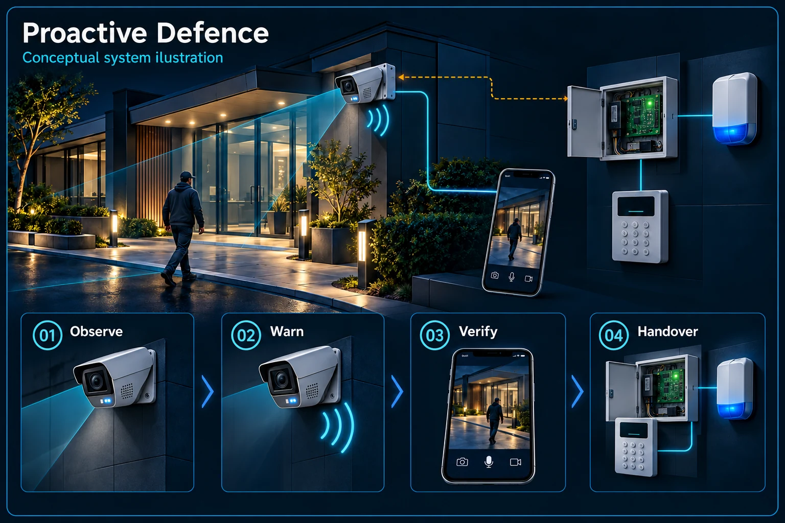 Proactive Defence illustration with camera warning, phone review, separate alarm panel (illustration)